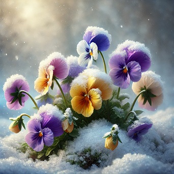 雪に部分的に埋もれながらも力強く咲くパンジーの花。紫、黄色、白のパンジーが冷たい雪の中で控えめに花びらを広げ、寒冷地の厳しい環境に耐える姿を表現している。