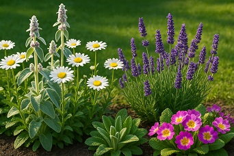 北海道の日向の庭に植えられたラベンダー、フランスギク、ラムズイヤー、プリムラなどの多年草・宿根草