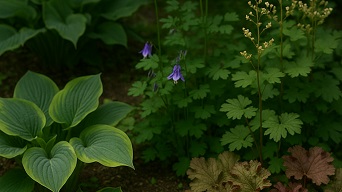 北海道の半日陰の庭に植えられたギボウシとヒューケラなどの日陰に強い多年草・宿根草