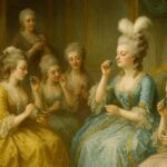 フランス王妃マリー・アントワネットと宮廷の女性たちが香水をまとい、優雅な装いで語らう18世紀のヴェルサイユ宮殿内の情景。香水文化が上流階級の日常に根付いていたことを象徴する場面。