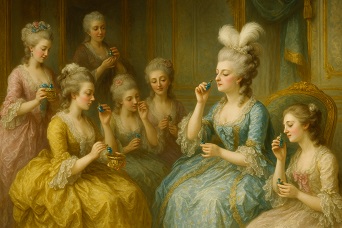 フランス王妃マリー・アントワネットと宮廷の女性たちが香水をまとい、優雅な装いで語らう18世紀のヴェルサイユ宮殿内の情景。香水文化が上流階級の日常に根付いていたことを象徴する場面。
