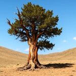 乾いた砂地の斜面に立つブリッスルコーンパイン。青空の下、ねじれた幹と枝が露出している。