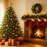 クリスマスの飾りで彩られた暖かい雰囲気のリビングルーム。中央にはライトで装飾されたクリスマスツリーが置かれ、背景には暖炉が灯り、壁や棚にもリースやオーナメントが飾られている。
