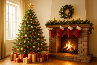クリスマスの飾りで彩られた暖かい雰囲気のリビングルーム。中央にはライトで装飾されたクリスマスツリーが置かれ、背景には暖炉が灯り、壁や棚にもリースやオーナメントが飾られている。